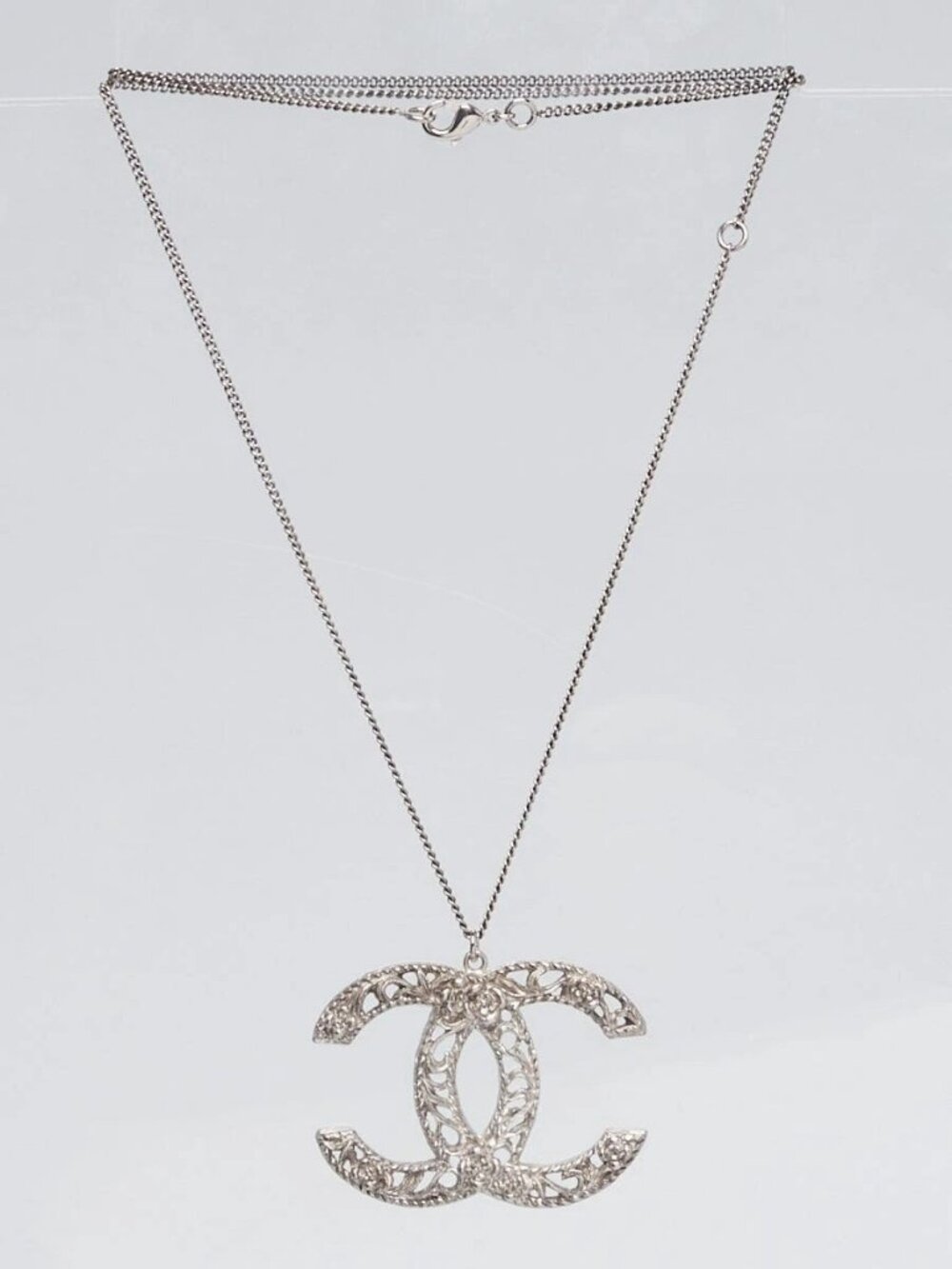 Chanel Silver Metal Large CC Logo Camellia Pendant Necklace